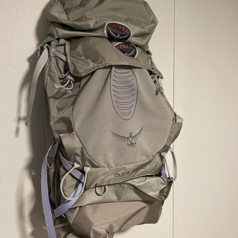 Aura AG 65 liter grey Osprey backpacking backpack for tent and sleeping pad